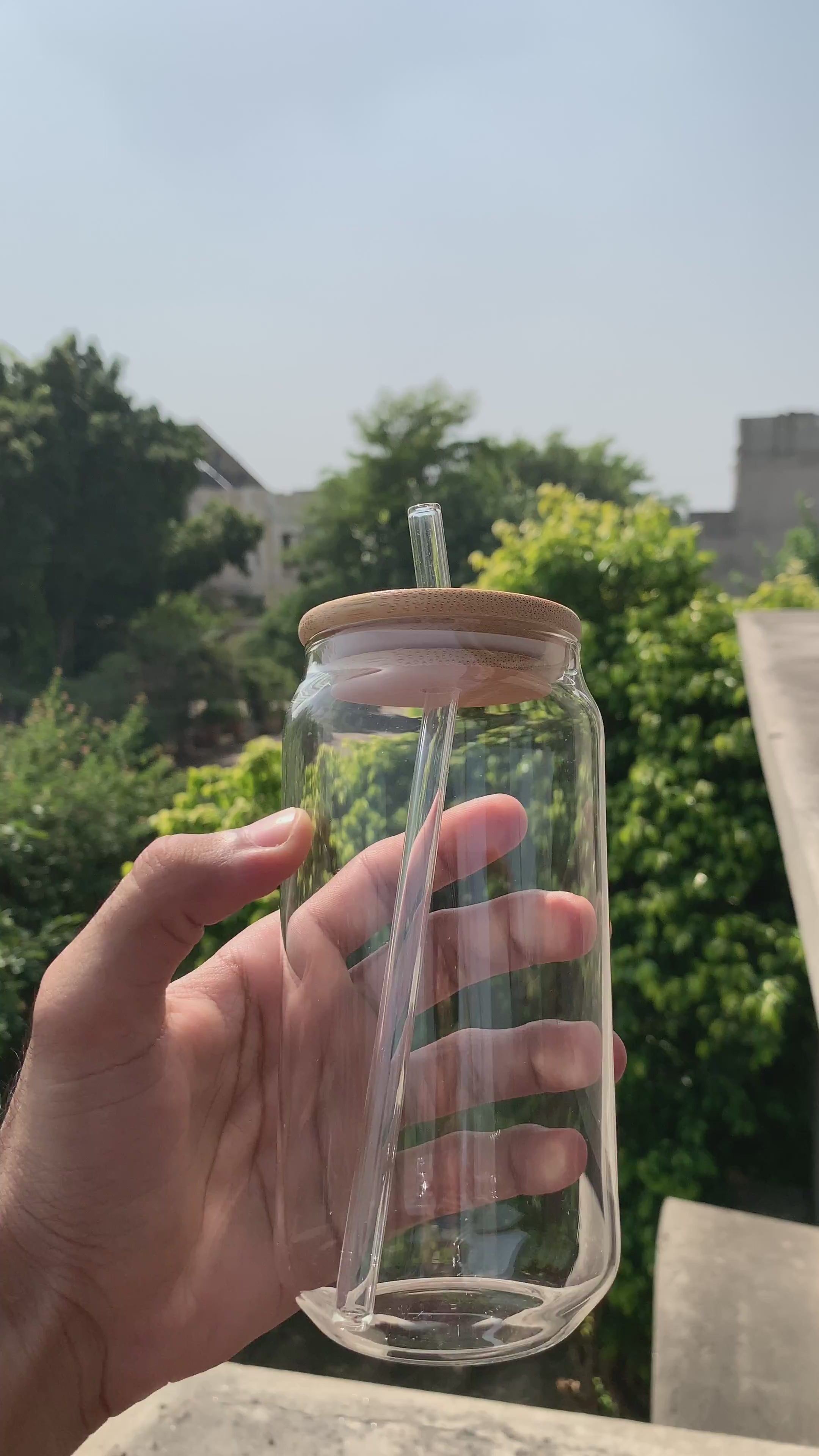 Clear Glass Cup with Bamboo Lid & Straw