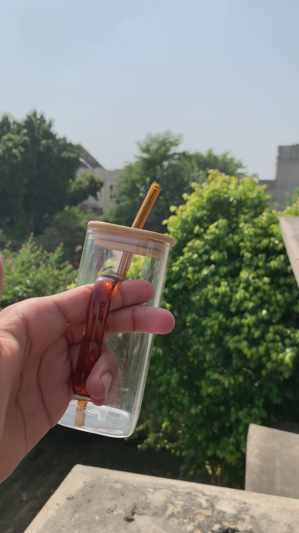 Square Clear Glass Mug with Amber Handle & Bamboo Lid