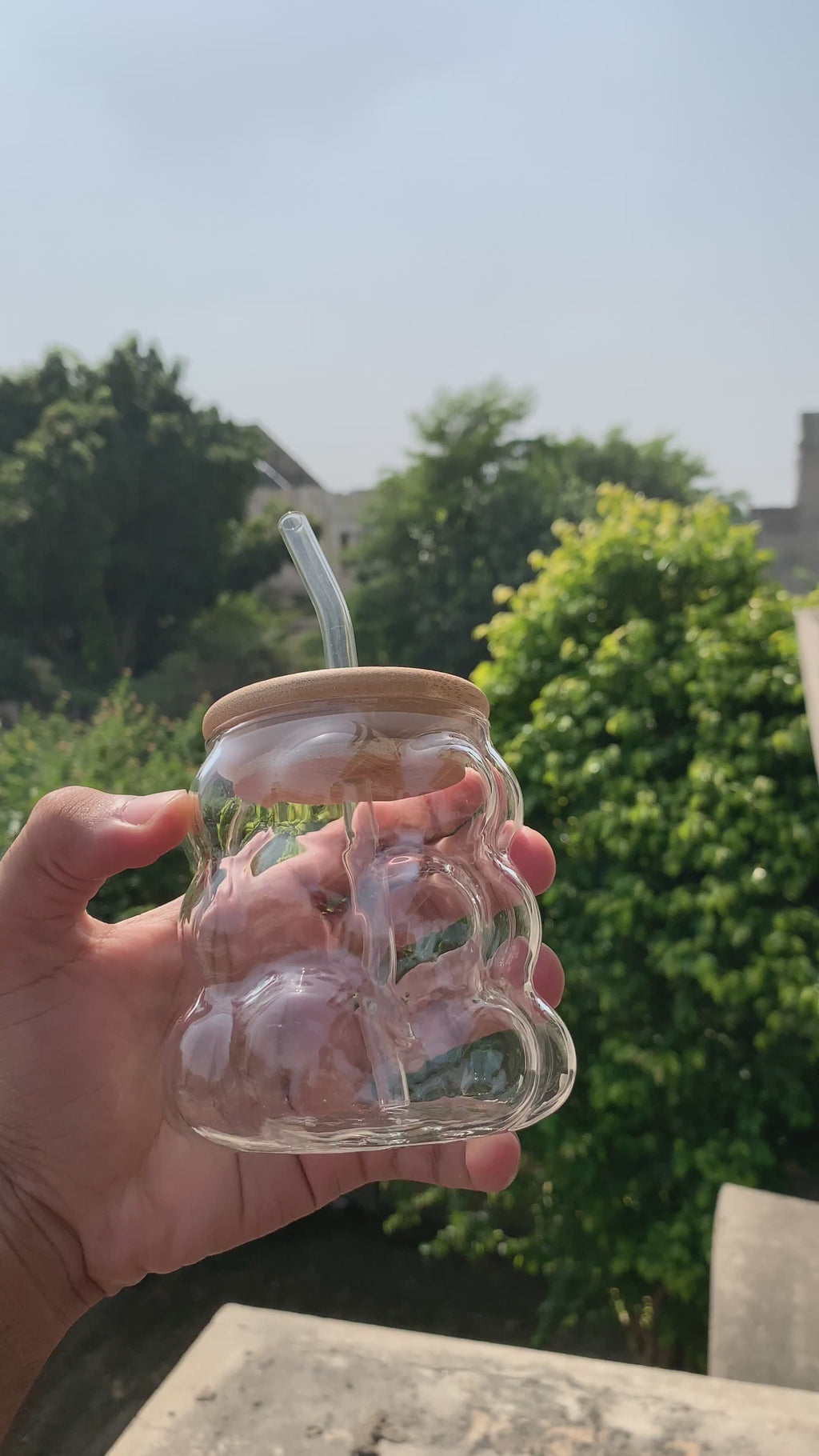 Playful Bubble Glass Tumbler with Bamboo Lid & Straw